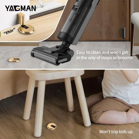 No Fuss Adjustable Bottom Door Stopper With Slick Brushed Gold Finish No Drill Setup, shown with vacuum near floor, child seated.
