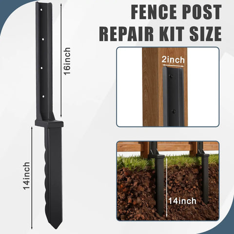 Heavy Duty H-Frame Fence Post Repair Kit with 14-inch depth and 2-inch width, ideal for stabilizing wooden posts.