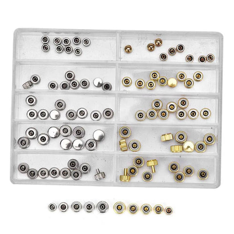 Pro Grade Watch Repair Kit With Stainless Steel Crowns And Gold Flat Head Crowns, Spare Parts Set For Crown Replacement organized in box