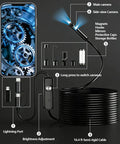 Dope Dual Lens Endoscope With Light 1920P HD Borescope connected to smartphone showing mechanical gears, 16.4ft cable