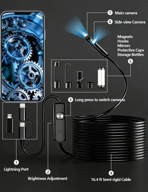 Dope Dual Lens Endoscope With Light 1920P HD Borescope connected to smartphone showing mechanical gears, 16.4ft cable