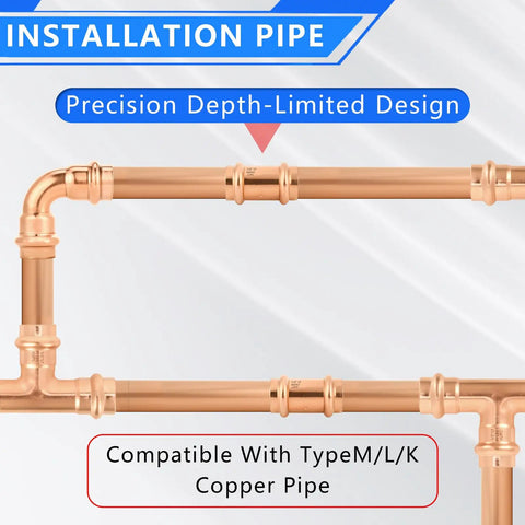 Half Inch Copper Press Fittings Kit 10 Pack With 2 Tees 3 Elbows 5 Couplings For Quick Press Plumbing installed on copper pipe