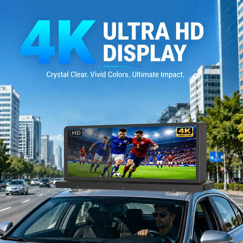 Smooth Rolling P2.5 Double Sided Taxi Roof Led Display With Dope Bright 4K Video Clarity And Sweet Contrast That Keeps Commuters Staring At Your Ads Right Now, mounted on taxi with vibrant sports visuals.