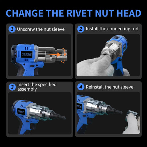 Instructions for changing the rivet nut head on the Fichfoye Cordless Rivet Nut Gun With Brushless Motor.