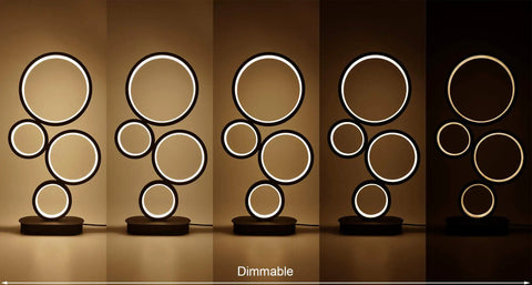 Five settings of Four Circle Dimmable LED Table Lamp With Color Adjustable Light Modern Round Design 12W Black Finish Sleek Desk Lamp