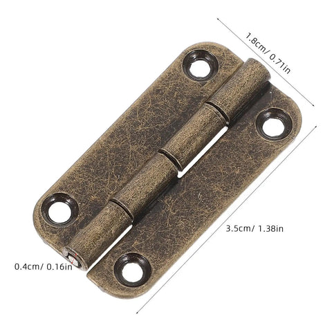 Close-up of a 12 Pack Small Iron Hinges with Rounded Corners 1.4 Inch Antique Bronze Cabinet Butt Hinges, four-hole mount visible.