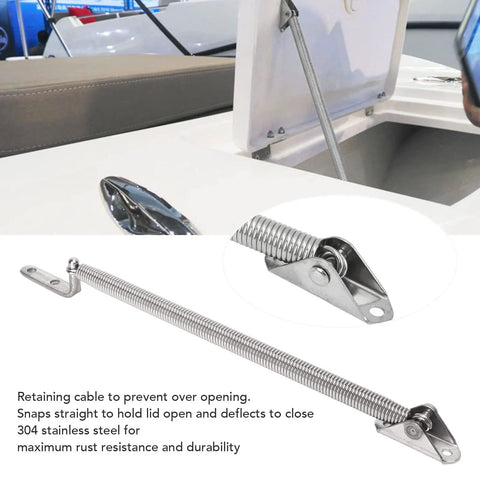Bad Boy 2 Pack Hatch Support Springs 304 Stainless Steel 8 1/4 Inch Heavy Duty Lid Struts, detailing retaining cable and mechanisms.