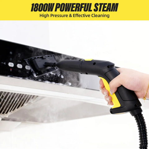 Heavy Duty Rolling Steam Mop With 1800W Beast Mode Power and 2 Liter Tank cleaning with steam nozzle and control panel.