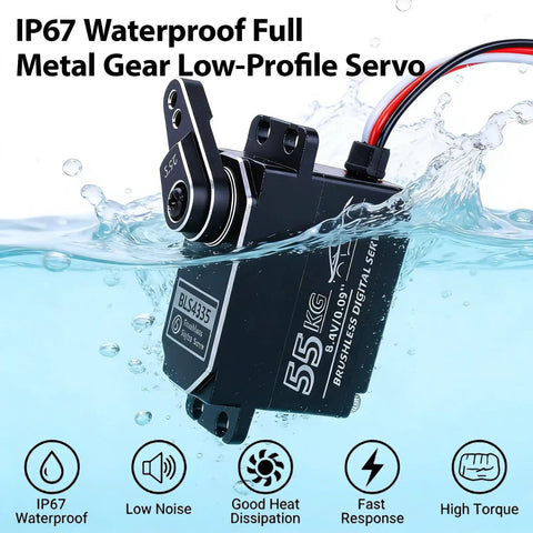 Low Profile Programmable Brushless Digital Servo For 1/10 Scale Drift Cars, 55kg Torque, submerged in water highlighting IP67 waterproof feature