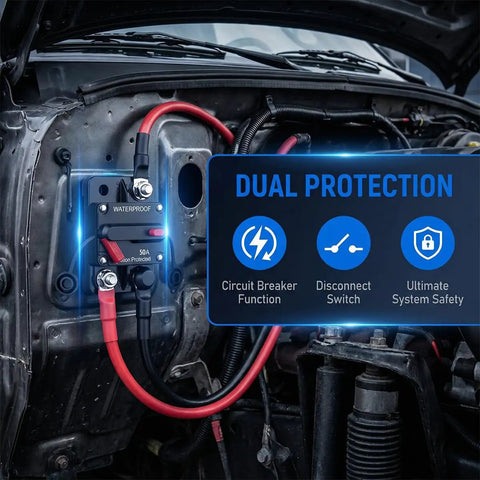 Built Tough 50A Circuit Breaker With Manual Reset Inline Power Switch in vehicle engine compartment with red and black wires.
