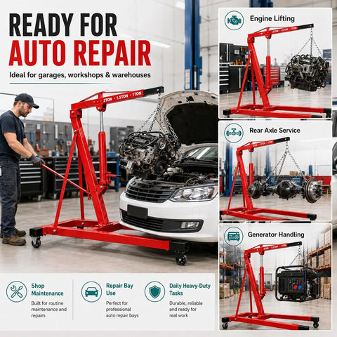 Heavy Duty 5000 Lbs Folding Engine Hoist With 8 Ton Hydraulic Pump Cherry Picker Crane Flex Fold Design Built Tough For Any Garage, lifting an engine.