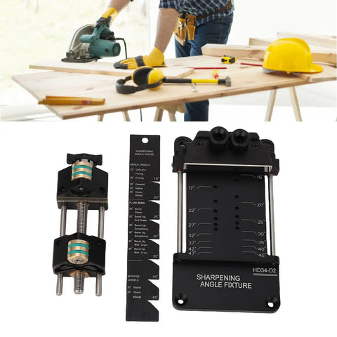Pro Level Chisel Sharpening Jig With Adjustable Angle Ruler And Secure Clamps For Five To Seventy Millimeter Blades Built Like A Tank Using Aluminum Steel And Brass Woodworking Honing Guide displayed with angle gauge.