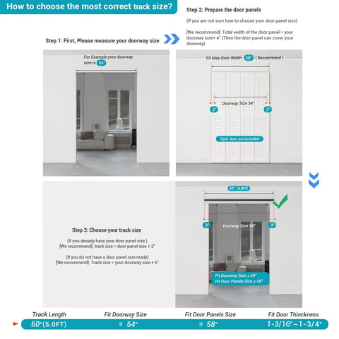 Diagram explaining installation steps for 60 Inch Bi Folding Sliding Barn Door Hardware Track Kit With Side Mounted Black Rollers Smooth And Quiet Operation Easy Install Door Not Included Fits Four 14 Inch Bifold Doors Heavy Duty Rated Hardware For Lasting Smooth Operation.