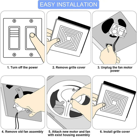 Bathroom Vent Fan Motor Replacement Kit 50CFM 120V For Nutone Broan Compatible installation steps diagram
