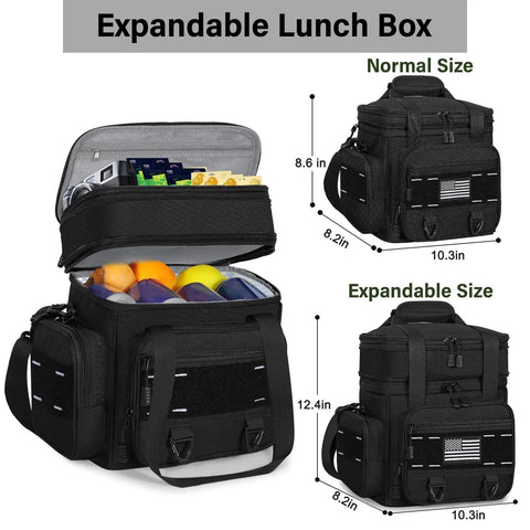 Expandable Tactical Lunch Box 16L Large Insulated Cooler Bag shown with dimensions and open compartments, black, patch-ready.