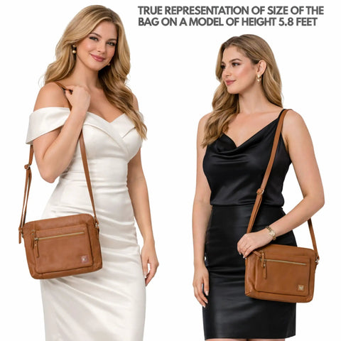 Top Shelf Genuine Leather Crossbody Bag for Women Small Soft Pebbled Nappa Cowhide Sling Shoulder Purse on model for size reference.