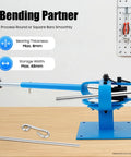 Heavy Duty Manual Pipe Bender With Seven Dies Ranging From One To Three Inches For Bending Metal Rods And Steel Tubes At Home Or In The Garage With A Sturdy Forty Four Inch Handle For Easy And Precise Tubing Work, shown in blue on workbench.