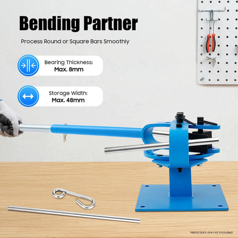 Heavy Duty Manual Pipe Bender With Seven Dies Ranging From One To Three Inches For Bending Metal Rods And Steel Tubes At Home Or In The Garage With A Sturdy Forty Four Inch Handle For Easy And Precise Tubing Work, shown in blue on workbench.