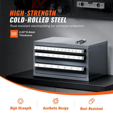 Drill Bit Dispenser Cabinet With Three Drawers, 29 Compartment Organizer; durable metal design on black tabletop in workshop