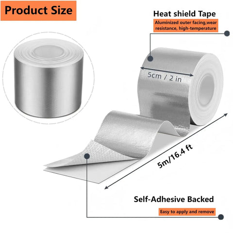 High Temperature Glass Fiber Reflective Heat Barrier Tape With Adhesive Backing For Car Intake Pipes And Engine Bay Two Inch By Sixteen Point Four Feet Heavy Duty Aluminum Mylar Silver Shield Wrap, showing size and adhesive backing.