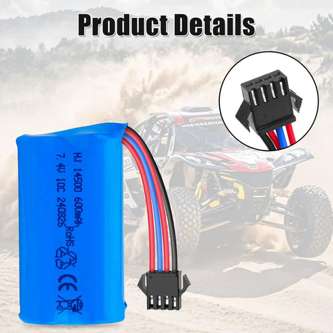 Close-up of 7.4V 600mAh Li Ion Two Pack Rechargeable Battery 2S With SM 4P Plug And USB Charger Cable for RC cars