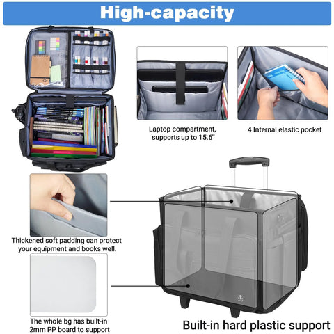 Rolling Teacher Bag With Built In Hard Board And Detachable Trolley Large 35L Storage showing open compartments and hard plastic frame