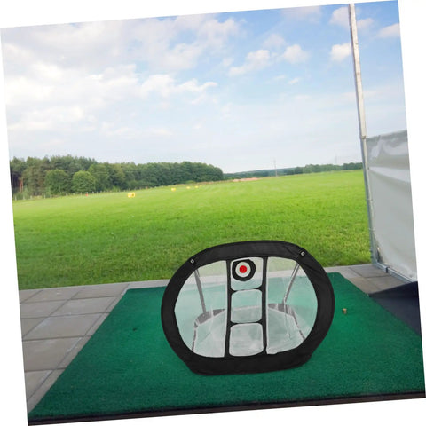 Golf Chipping Practice Net Portable Lightweight Backyard Training Net For Indoor And Outdoor Use shown on green mat with field view