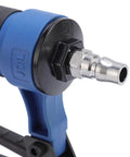 Quick connect valve detail of Built Tough Pneumatic Brad Nailer for Woodworking and Carpets in ergonomic aluminum design.