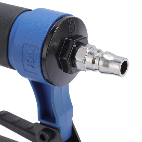 Quick connect valve detail of Built Tough Pneumatic Brad Nailer for Woodworking and Carpets in ergonomic aluminum design.