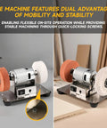 Dual view of Three-Wheel Mini Bench Grinder with Versatile Wheels for Metal, Wood, Knife Making, Jewelry Buffing and Stone Work - Compact 6.3 x 3.5 Inch Base.