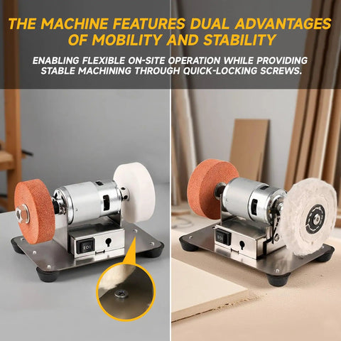 Dual view of Three-Wheel Mini Bench Grinder with Versatile Wheels for Metal, Wood, Knife Making, Jewelry Buffing and Stone Work - Compact 6.3 x 3.5 Inch Base.