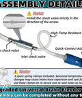 Upgraded Universal Brake Bleeder Kit with one-way check valve adapter, high-temp resistant hose, and quick-connect adapter.