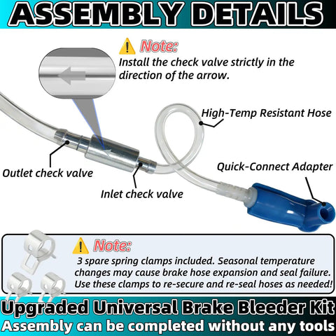 Upgraded Universal Brake Bleeder Kit with one-way check valve adapter, high-temp resistant hose, and quick-connect adapter.