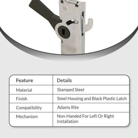 Close-up of stamped steel housing with black plastic latch and features table for Heavy Duty Steel Housing With Black Plastic Latch