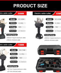 Product size chart with three Electric Ratchet Cable Cutter With Battery Powered Hydraulic Cutting For Copper And Aluminum Cables Portable Beast Heavy Duty Wire Cutter For Cable Installation And Industrial Use EC50M models and carrying case.