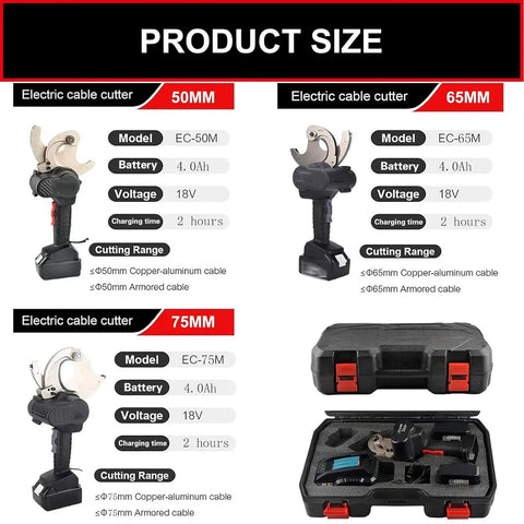 Product size chart for Electric Ratchet Cable Cutter Battery Operated Hydraulic Cutter For Copper And Aluminum Wires with case and models EC50M/65M/75M