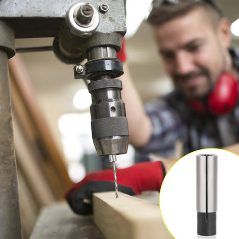2 Pack 1/4 To 1/8 Collet Adapter For CNC Lathe And Router Bits in use on a drill, showing high carbon steel construction.