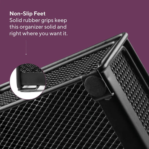 Non-slip feet feature of Countertop Coffee Pod Holder With Sliding Drawer For Keurig K Cups Holds 36 Pods Caddy Dispenser Coffee Bar Organizer Kitchen Drawer Solution Keeps Pods Grab And Go Ready Black, showing rubber grips for stability.