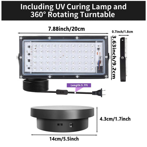 Dope UV Resin Curing Light For 3D Printers With 360 Degree Rotating Turntable dimensions and features diagram