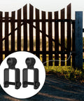 Heavy Duty Square Post Female Gate Hinges For Chain Link Fences Black Hot Dipped Galvanized Steel With Bolts on a wooden fence.