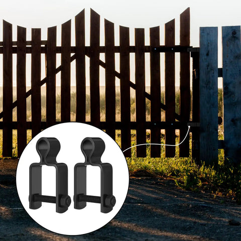 Heavy Duty Square Post Female Gate Hinges For Chain Link Fences Black Hot Dipped Galvanized Steel With Bolts on a wooden fence.