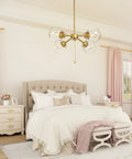 Gold Globe Chandelier With On Off Switch Pull Chain, 4 Light Modern Gold Semi Flush Mount Ceiling Light in elegant bedroom.