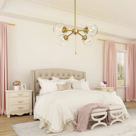Gold Globe Chandelier With On Off Switch Pull Chain, 4 Light Modern Gold Semi Flush Mount Ceiling Light in elegant bedroom.