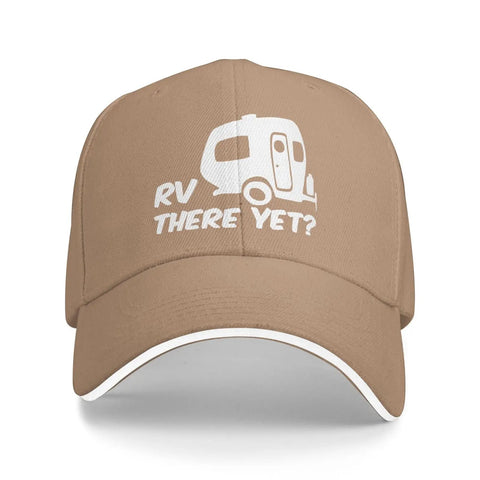Front view of natural color cap with RV print, classic unisex trucker cap with curved brim and adjustable back strap for outdoor activities.