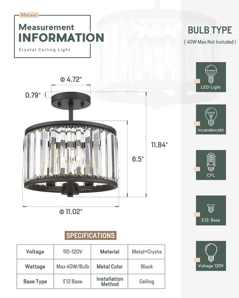 Semi Flush Mount Ceiling Light Fixture With 11 Inch Crystal Beads, 3 Light Modern Lamps In Matte Black Finish For Bathroom, Dining Room, Hallway And Bedroom, Glam Crystal Chandelier Style Home Lighting