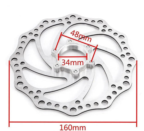 Close-up of 160 mm rotor from Front And Rear Disc Brake Kit With Aluminum Calipers For Mountain And Road Bikes, dimensions shown.