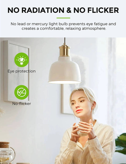 Woman under pendant lamp with Ultra Bright A21 LED Light Bulb 23W Equivalent 150 To 200W 2500 Lumen 5000K Daylight E26