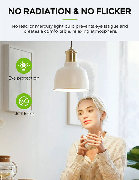 Woman under lamp using A21 LED Light Bulbs 23W Replaces 150-200W, 2500 Lumen Ultra Bright Soft White 3000K For Home