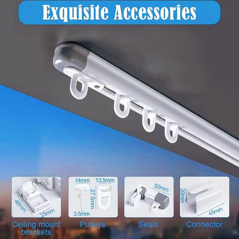Ceiling Mount Telescopic Curtain Track System In White, Adjustable From 51.1 To 94.4 Inches, Easy Install, Smooth Aluminum Rail For Drapes, DIY Friendly, Durable Ceiling Curtain Rail For Living Room with ceiling brackets and pulleys