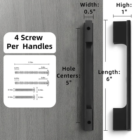 Diagram of Matte Black Cabinet Pulls 5 Inch Center To Center Aluminum Drawer Handles Set of 10 showing dimensions and screws included